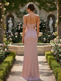 Off the Shoulder Satin Pleated Long Bridesmaid Dresses with Slit