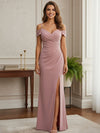 Off the Shoulder Chiffon Pleated Bridesmaid Dresses with Slit