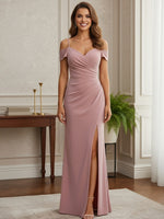 Off the Shoulder Chiffon Pleated Bridesmaid Dresses with Slit