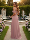 Ruffles Off the Shoulder Satin A Line Bridesmaid Dresses with Bow