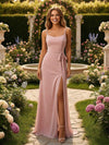 Spaghetti Straps Chiffon A Line Bridesmaid Dresses with Slit
