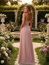 Spaghetti Straps Chiffon A Line Bridesmaid Dresses with Slit