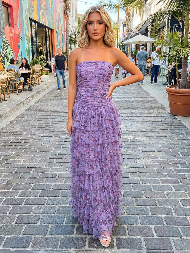 Chiffon A Line Strapless Floral Print Formal Party Dresses