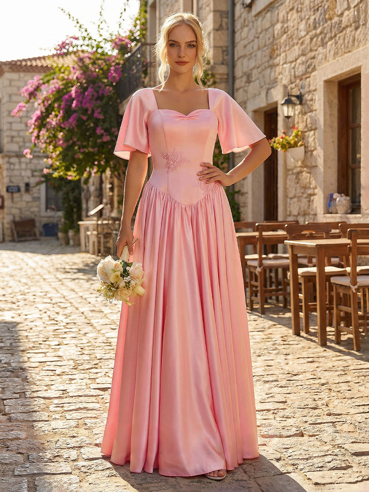 Satin A Line Sweetheart Applique Bridesmaid Dresses