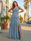 Tulle A Line Square Neck Long Bridesmaid Dresses with Bow