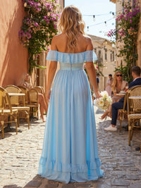 Chiffon A Line Off the Shoulder Bridesmaid Dresses with Ruffles