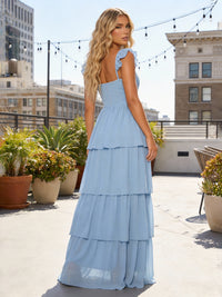 Chiffon A Line Square Neck Long Tiered Bridesmaid Dresses