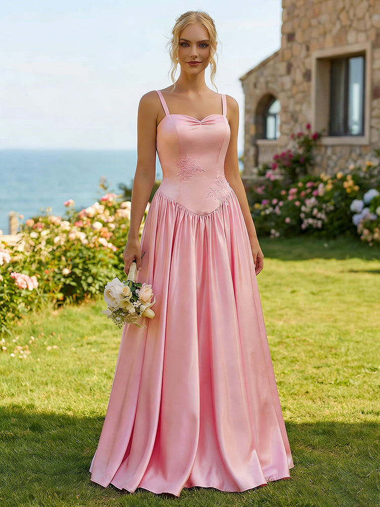 Satin A Line Sweetheart Long Bridesmaid Dresses with Applique
