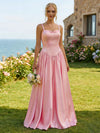 Satin A Line Sweetheart Long Bridesmaid Dresses with Applique