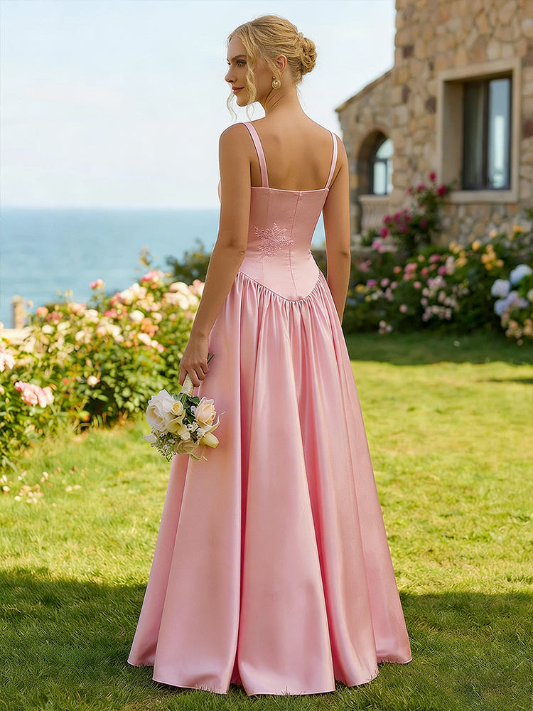 Satin A Line Sweetheart Long Bridesmaid Dresses with Applique