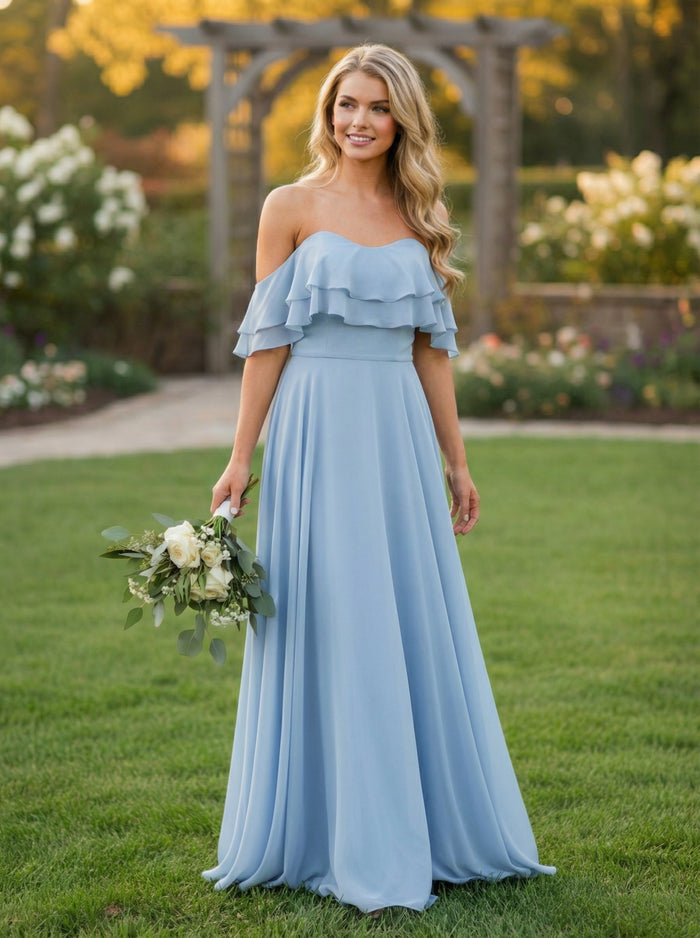 Chiffon A Line Off the Shoulder Bridesmaid Dresses with Ruffles
