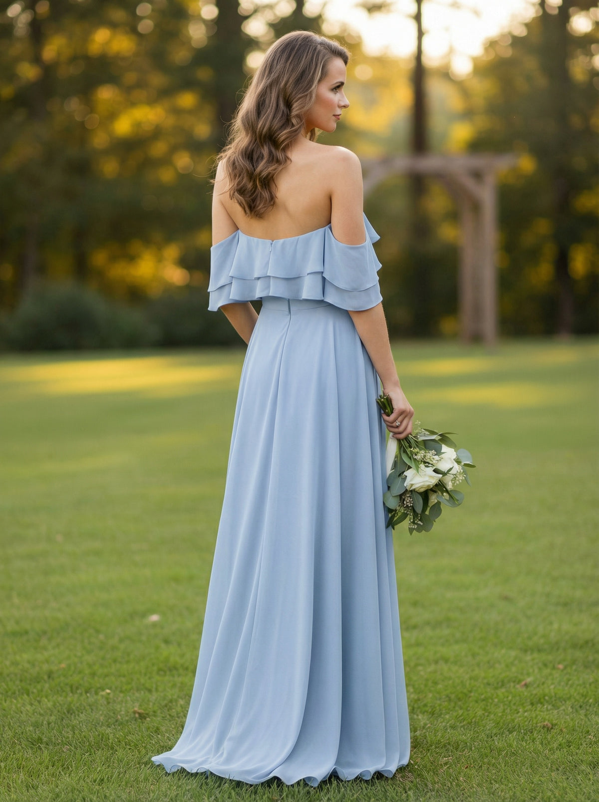Chiffon A Line Off the Shoulder Bridesmaid Dresses with Ruffles