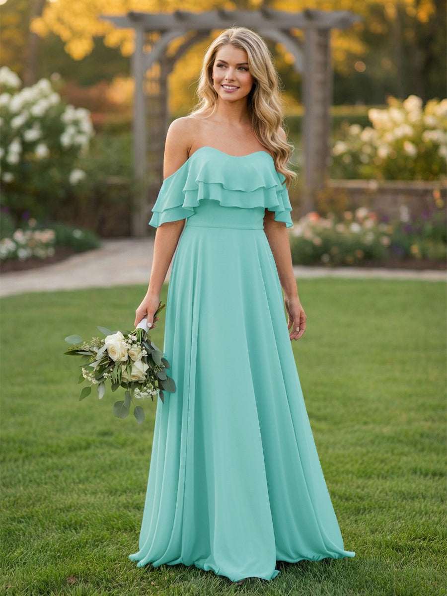Chiffon A Line Off the Shoulder Bridesmaid Dresses with Ruffles