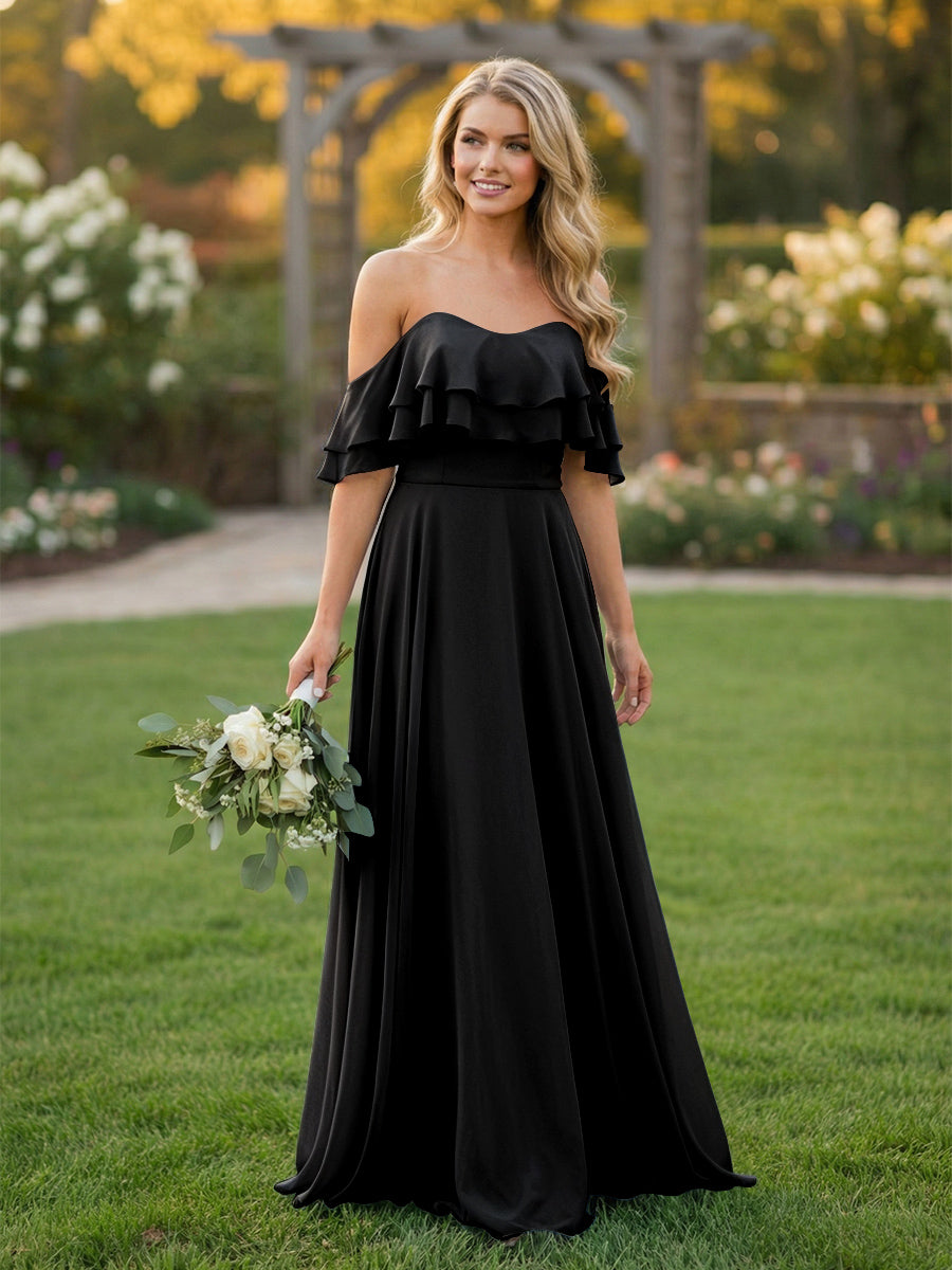 Chiffon A Line Off the Shoulder Bridesmaid Dresses with Ruffles