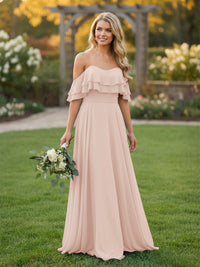 Chiffon A Line Off the Shoulder Bridesmaid Dresses with Ruffles