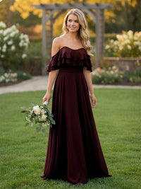 Chiffon A Line Off the Shoulder Bridesmaid Dresses with Ruffles