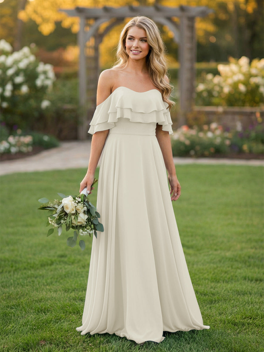 Chiffon A Line Off the Shoulder Bridesmaid Dresses with Ruffles