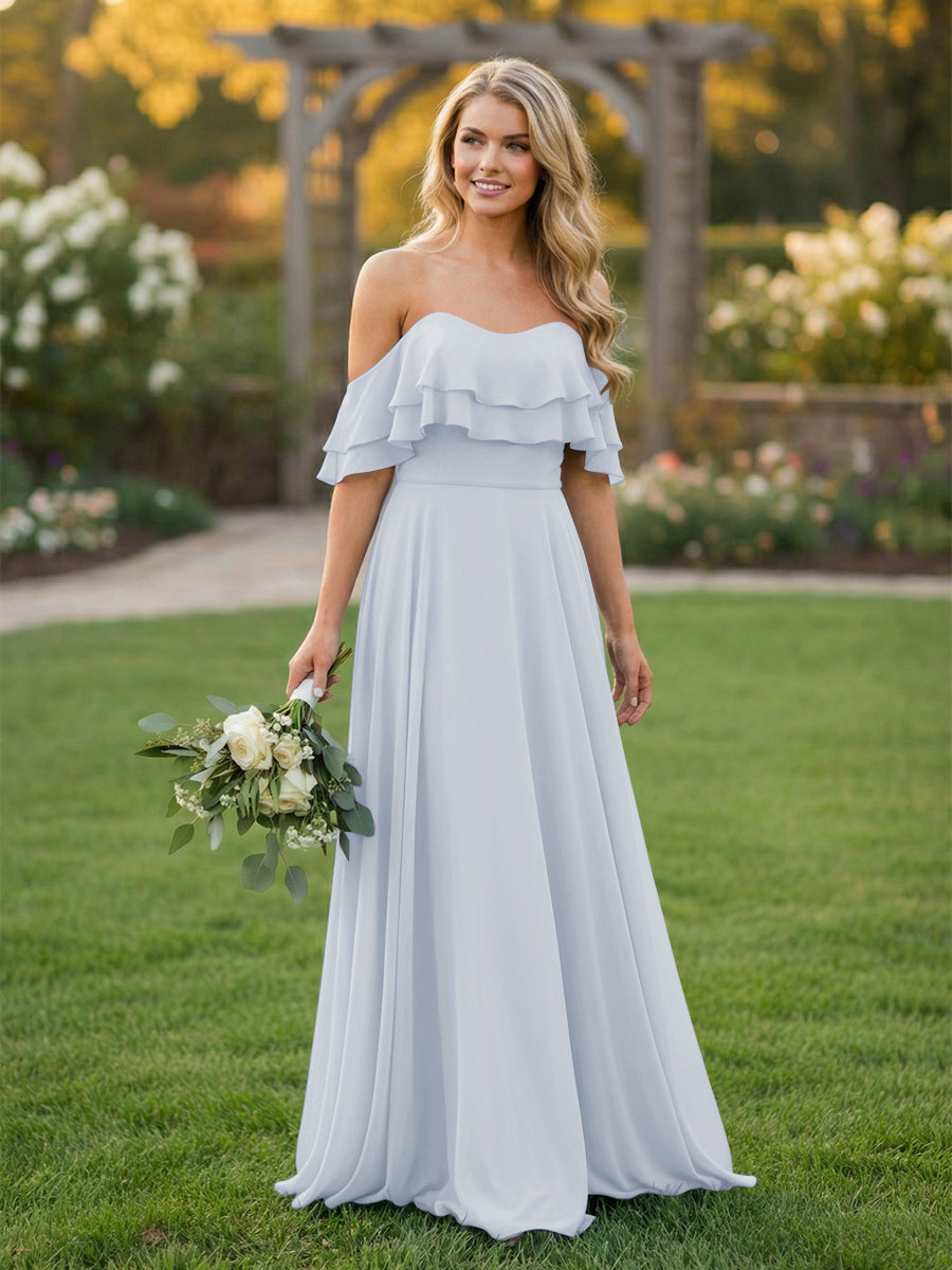 Chiffon A Line Off the Shoulder Bridesmaid Dresses with Ruffles