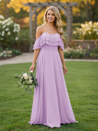 Chiffon A Line Off the Shoulder Bridesmaid Dresses with Ruffles