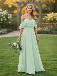 Chiffon A Line Off the Shoulder Bridesmaid Dresses with Ruffles