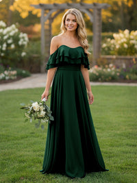 Chiffon A Line Off the Shoulder Bridesmaid Dresses with Ruffles