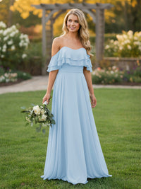 Chiffon A Line Off the Shoulder Bridesmaid Dresses with Ruffles