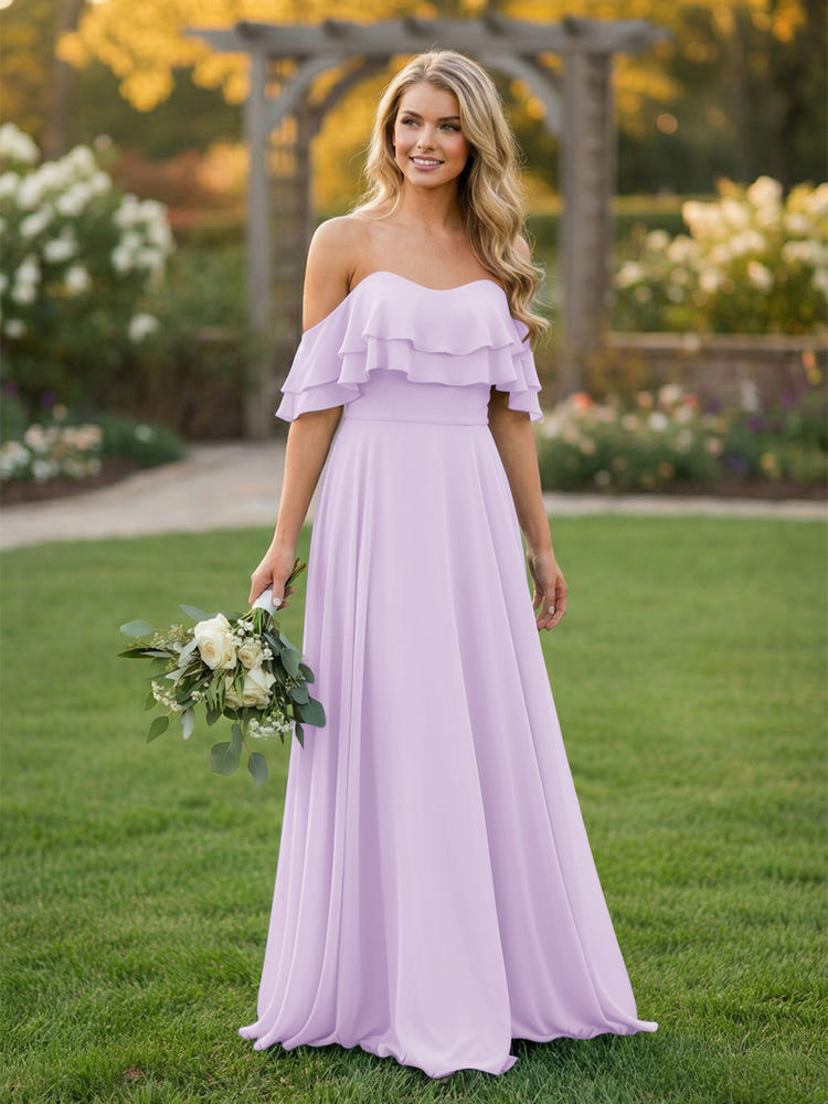 Chiffon A Line Off the Shoulder Bridesmaid Dresses with Ruffles