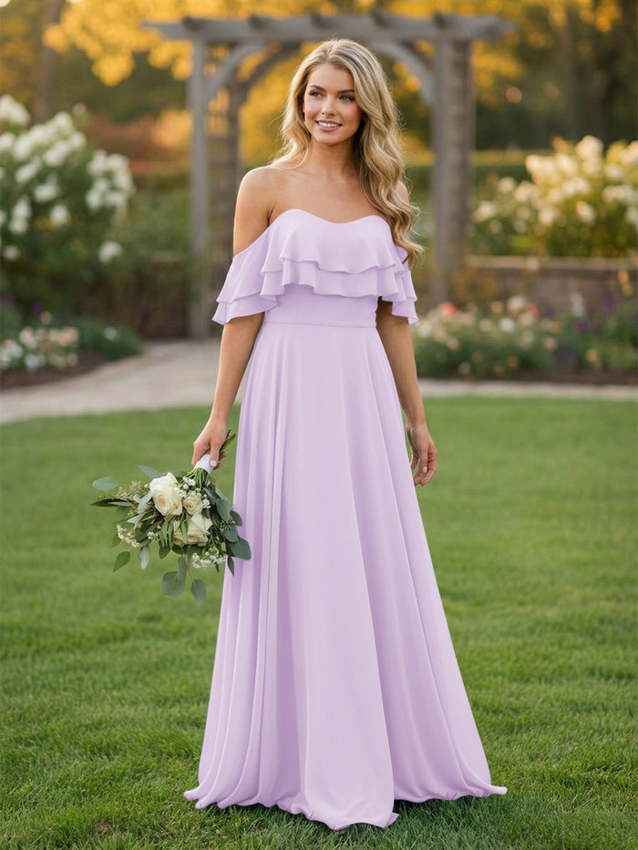 Chiffon A Line Off the Shoulder Bridesmaid Dresses with Ruffles