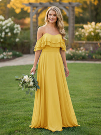 Chiffon A Line Off the Shoulder Bridesmaid Dresses with Ruffles