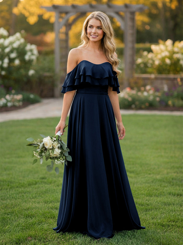 Chiffon A Line Off the Shoulder Bridesmaid Dresses with Ruffles