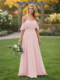Chiffon A Line Off the Shoulder Bridesmaid Dresses with Ruffles