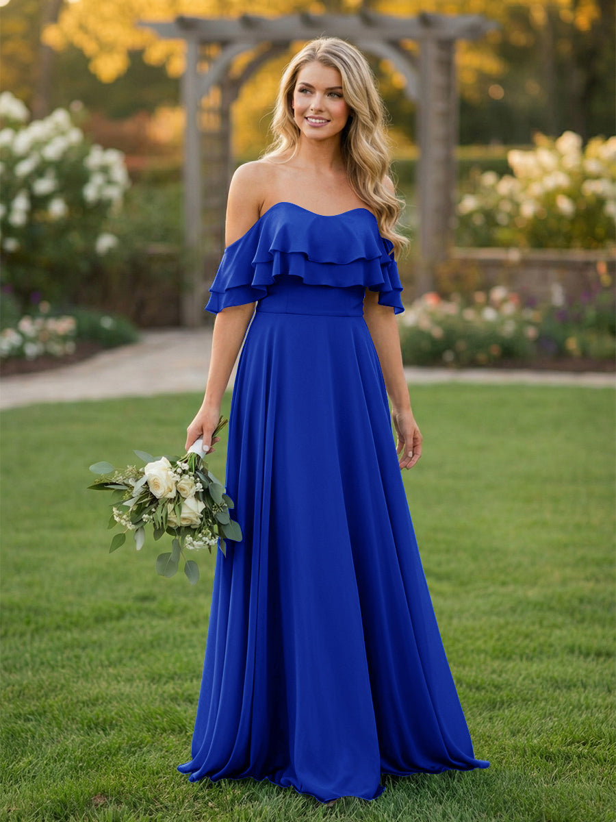 Chiffon A Line Off the Shoulder Bridesmaid Dresses with Ruffles