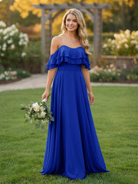 Chiffon A Line Off the Shoulder Bridesmaid Dresses with Ruffles