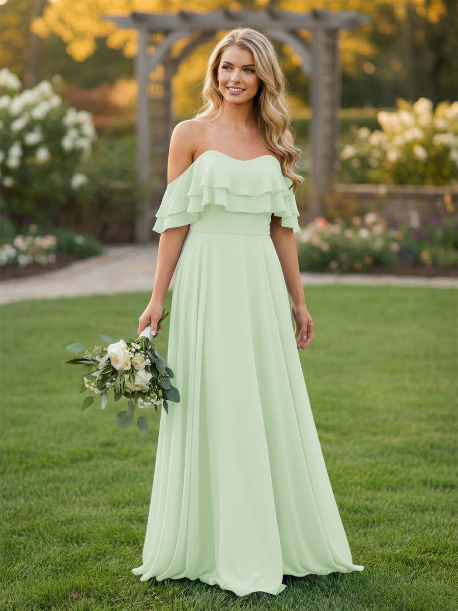 Chiffon A Line Off the Shoulder Bridesmaid Dresses with Ruffles