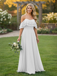 Chiffon A Line Off the Shoulder Bridesmaid Dresses with Ruffles