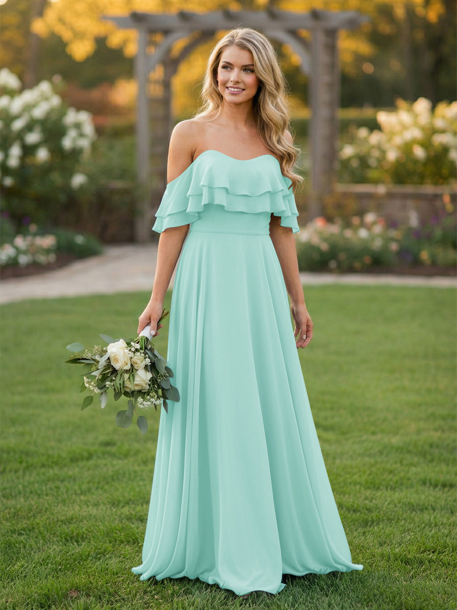 Chiffon A Line Off the Shoulder Bridesmaid Dresses with Ruffles