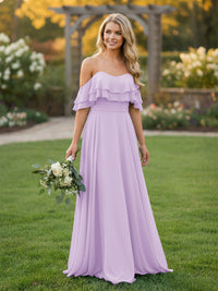 Chiffon A Line Off the Shoulder Bridesmaid Dresses with Ruffles