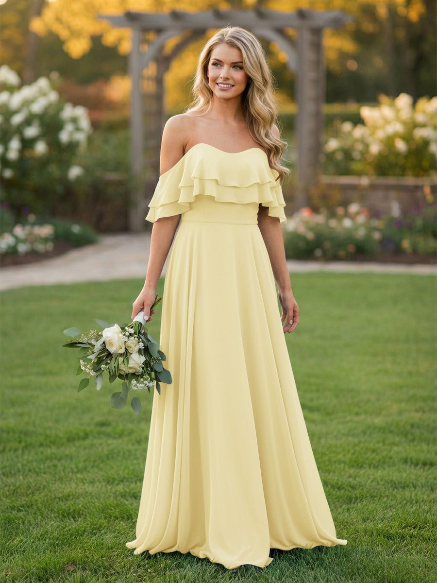 Chiffon A Line Off the Shoulder Bridesmaid Dresses with Ruffles