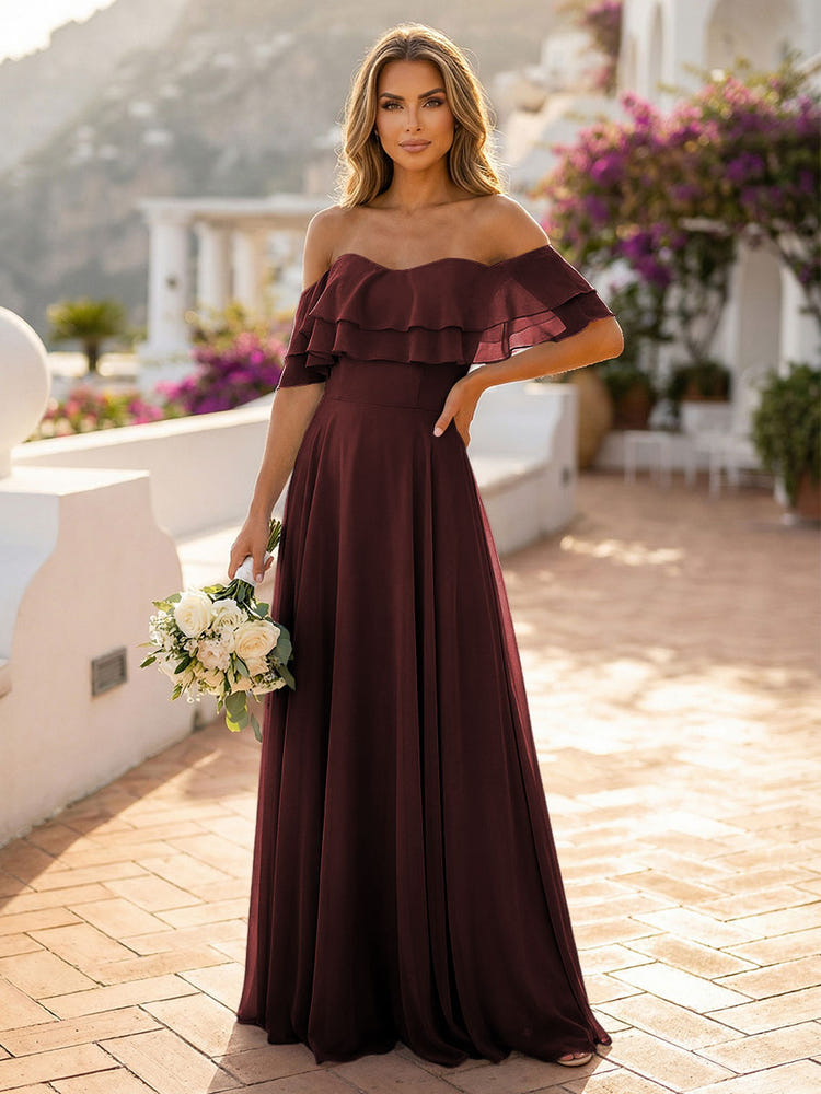 Off the Shoulder Bridesmaid Dresses with Tiered Ruffles