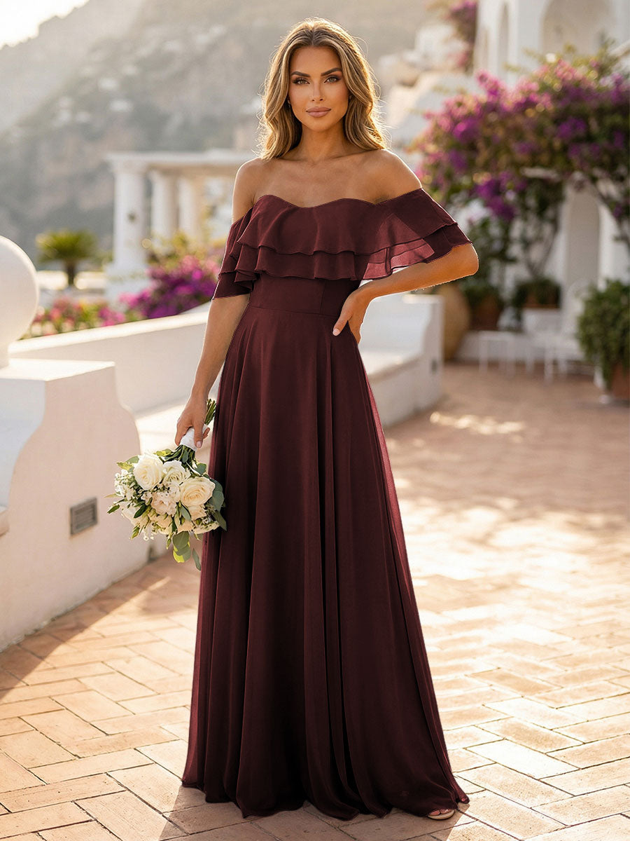 Off the Shoulder Bridesmaid Dresses with Tiered Ruffles