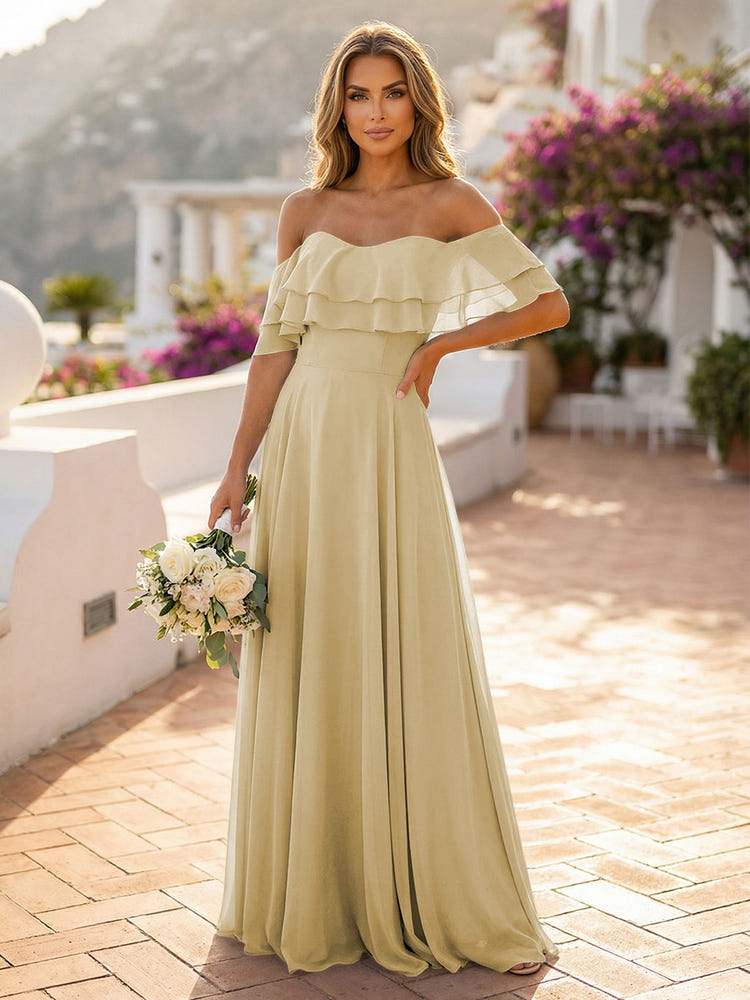 Gracins Champagne Off the Shoulder Bridesmaid Dresses with Tiered Ruffles 2026