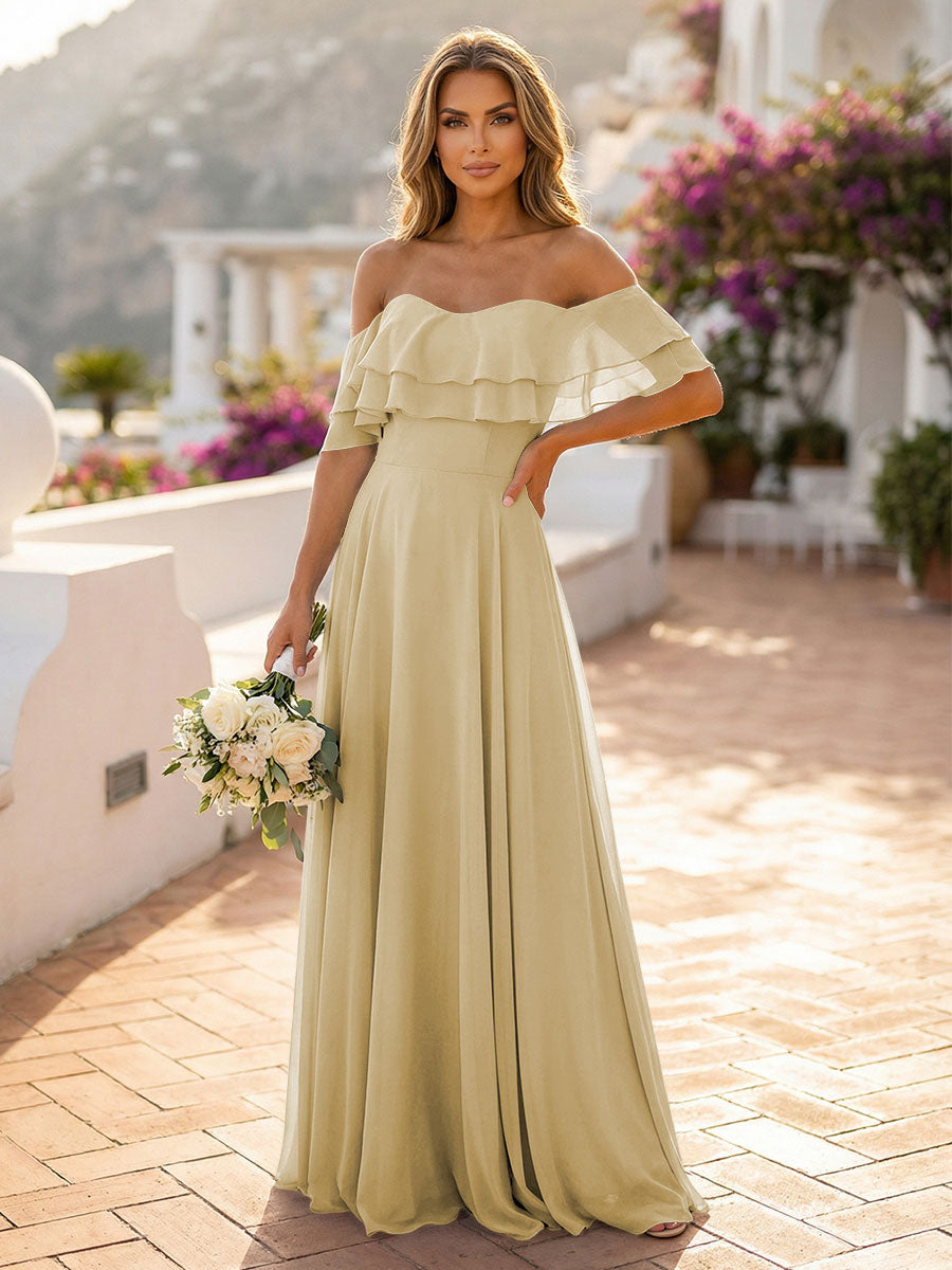 Off the Shoulder Bridesmaid Dresses with Tiered Ruffles