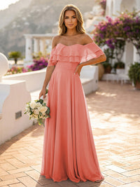 Off the Shoulder Bridesmaid Dresses with Tiered Ruffles