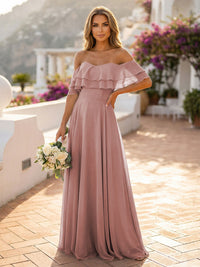 Off the Shoulder Bridesmaid Dresses with Tiered Ruffles