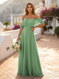 Off the Shoulder Bridesmaid Dresses with Tiered Ruffles