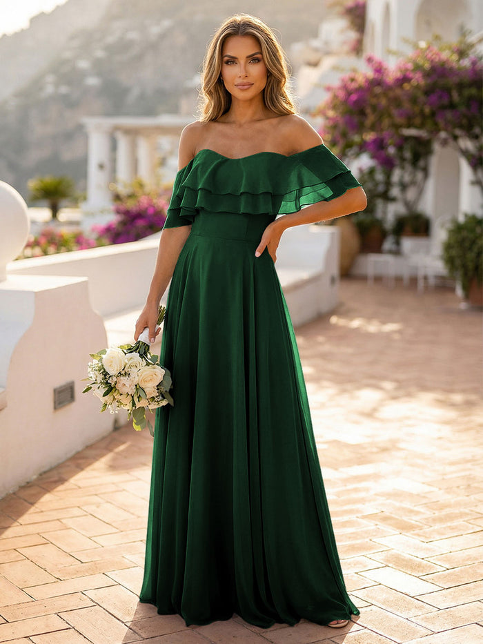 Off the Shoulder Bridesmaid Dresses with Tiered Ruffles