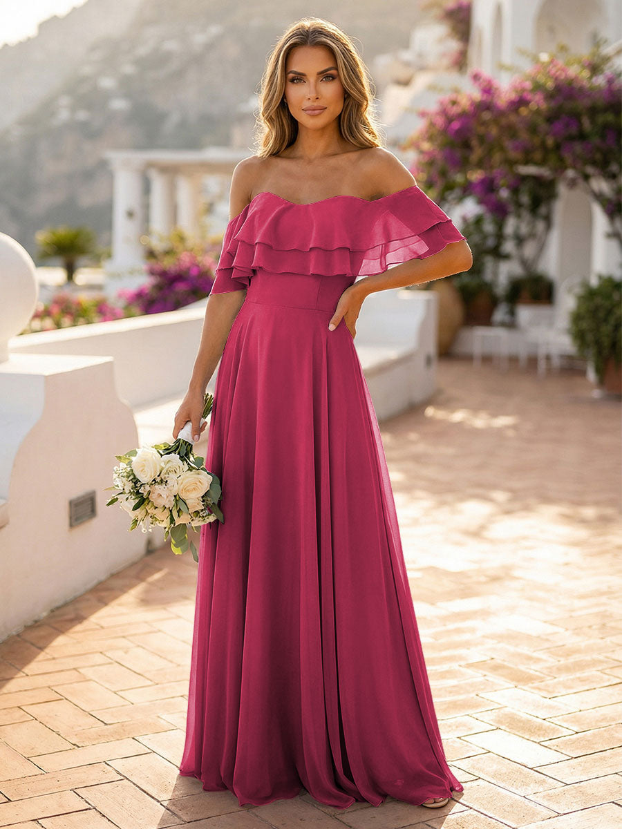 Off the Shoulder Bridesmaid Dresses with Tiered Ruffles