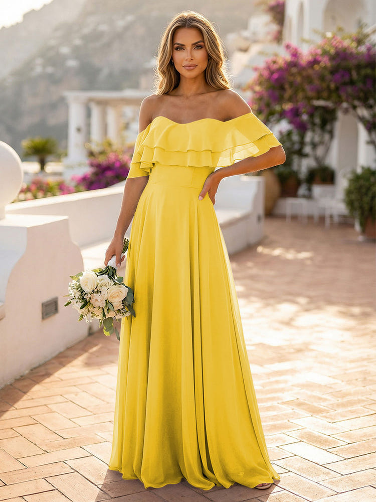 Off the Shoulder Bridesmaid Dresses with Tiered Ruffles