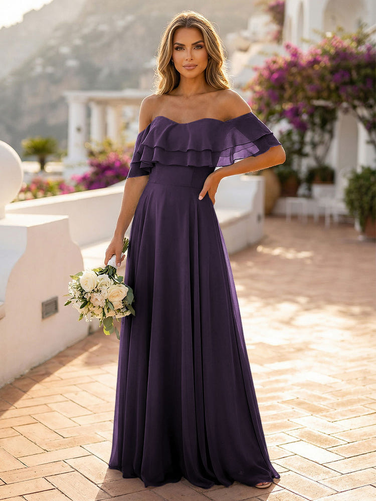 Gracins Emerald Off the Shoulder Bridesmaid Dresses with Tiered Ruffles 2026