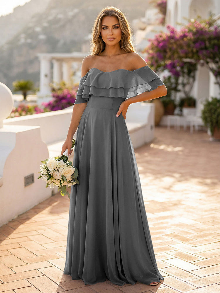 Gracins Silver Off the Shoulder Bridesmaid Dresses with Tiered Ruffles 2026